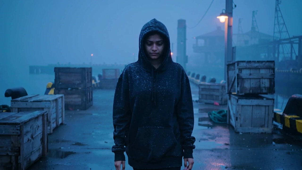 Walking woman in black hoodie moving toward camera after rain starts on foggy dock, crates