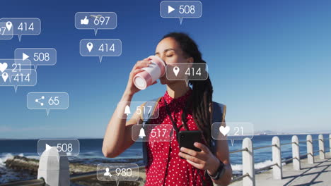 drinking coffee and holding smartphone, woman with social media notifications animation