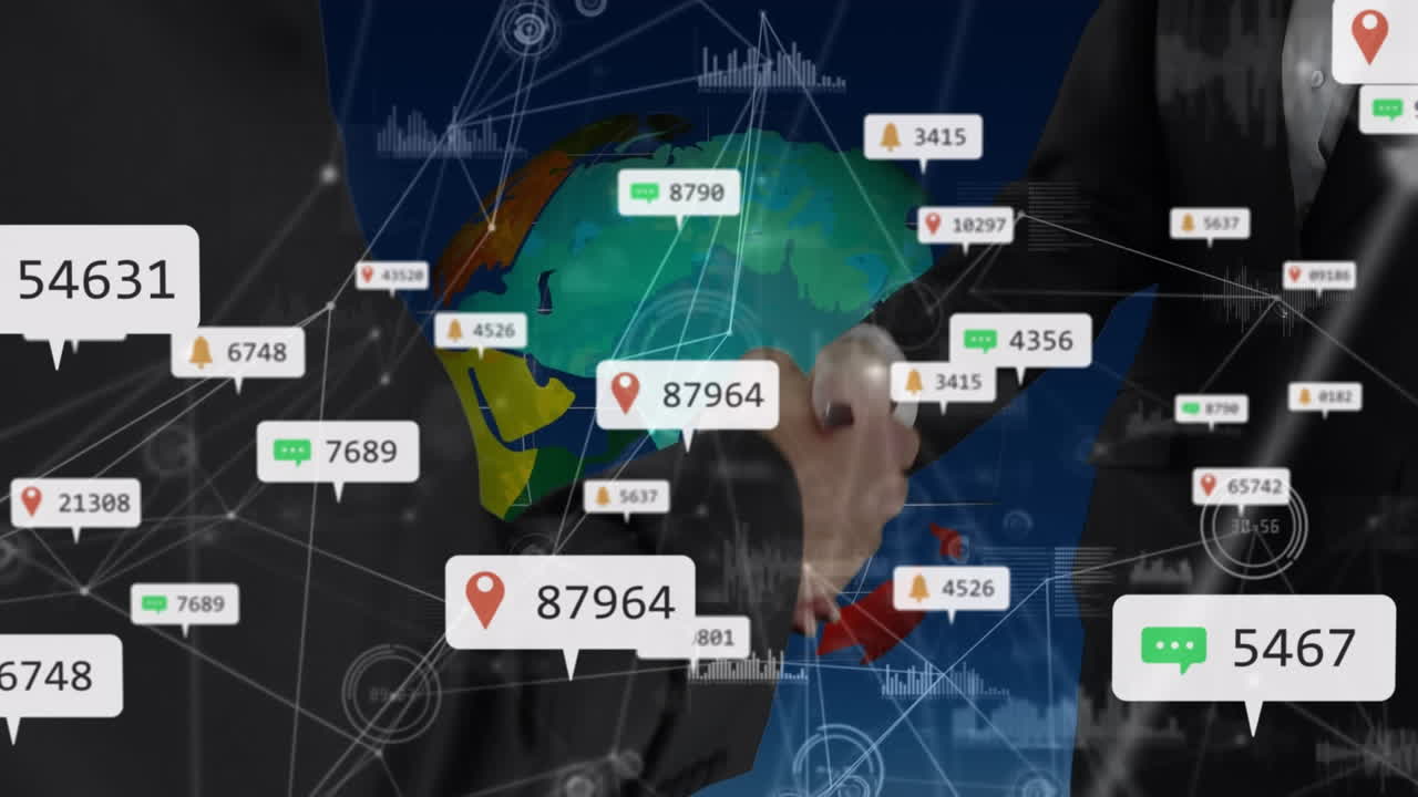 анимация сети связей по всему миру и кавказских бизнесменов, пожимающих друг другу руки.