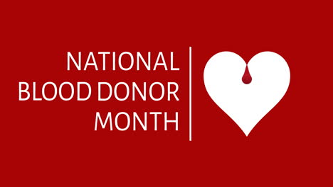 animación del texto del mes nacional del donante de sangre con el logotipo del corazón y la gota, sobre fondo rojo