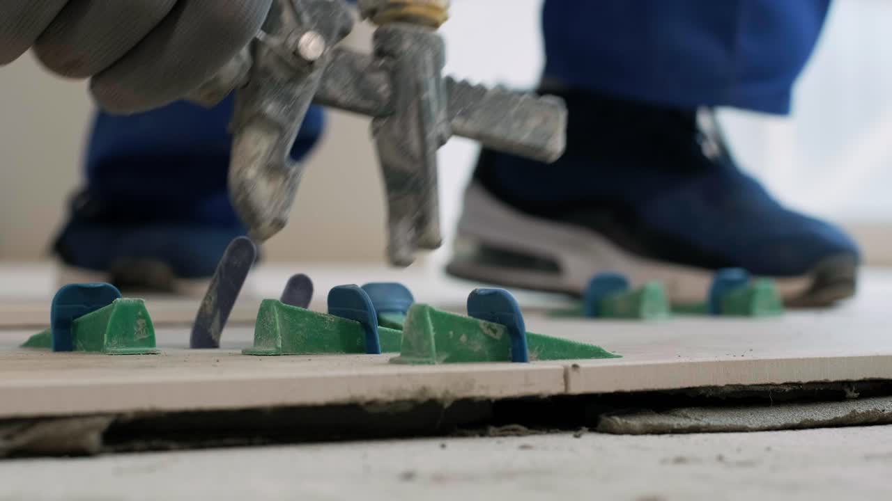 Installing ceramic floor tiles - measuring and cutting the pieces. Construction, renovation, repair apartment. Cuts tile. Tile cutting