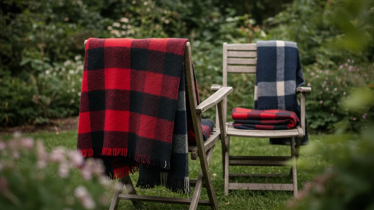 A Cozy and Inviting Garden Scene Featuring Warm, Checkered Blankets Draped Over a Rustic Chair, Perfect for Relaxation and Outdoor Comfort