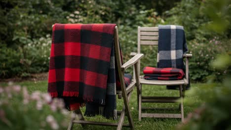 a cozy and inviting garden scene featuring warm, checkered blankets draped over a rustic chair, perfect for relaxation and outdoor comfort