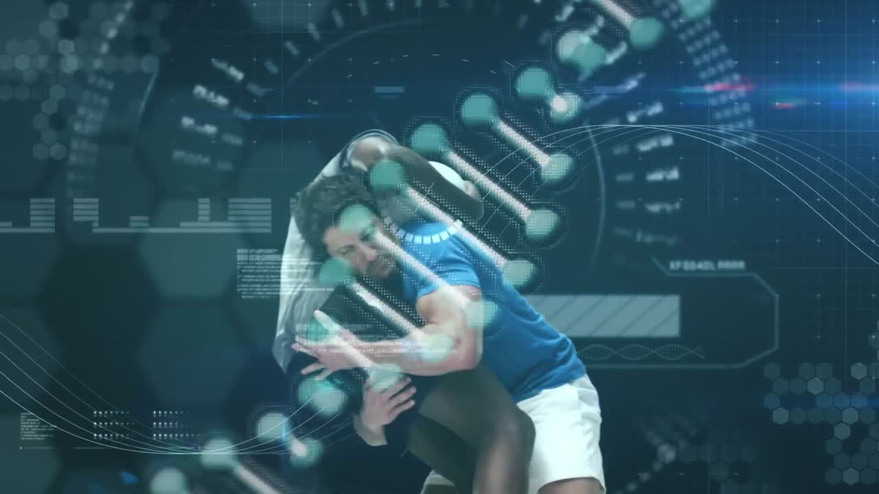 Animation of digital interface with rotating dna strand and data processing over rugby players