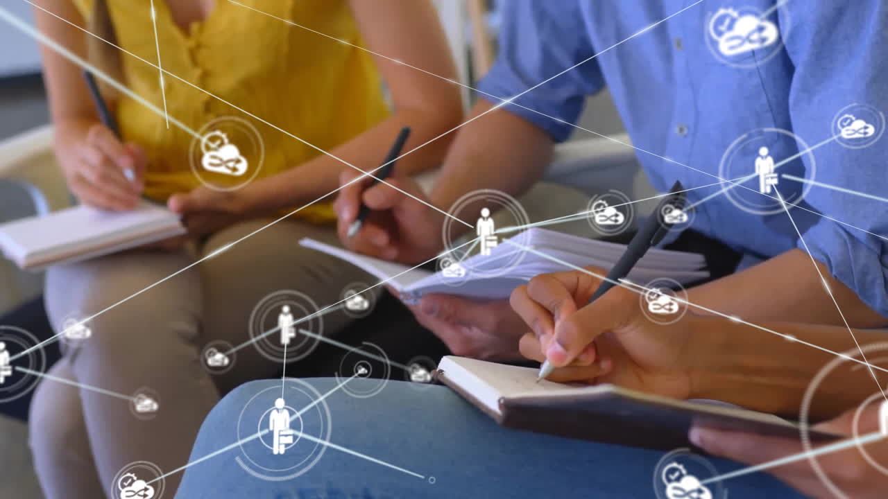 다양한 비즈니스 사람들 사이의 연결 네트워크의 애니메이션 사무실에서 메모를 취합니다.