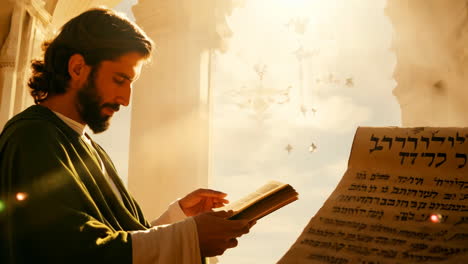 figure reading scripture in sunlit ancient temple interior