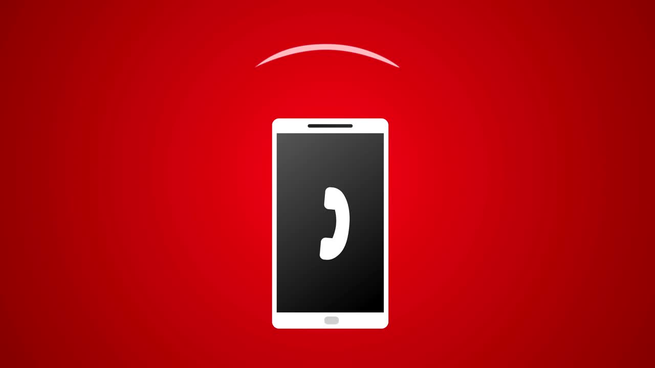 llamada de teléfono inteligente con icono blanco y animación vectorial de timbre 4k vídeo renderizado en fondo rojo.