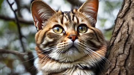 a cat sitting on top of a tree looking up at the camera