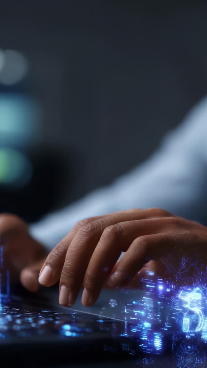 En person, der interagerer digitalt med et tastatur, hvilket fremhæver forbindelsen mellem teknologi og menneskelig oplevelse i et moderne arbejdsområde
