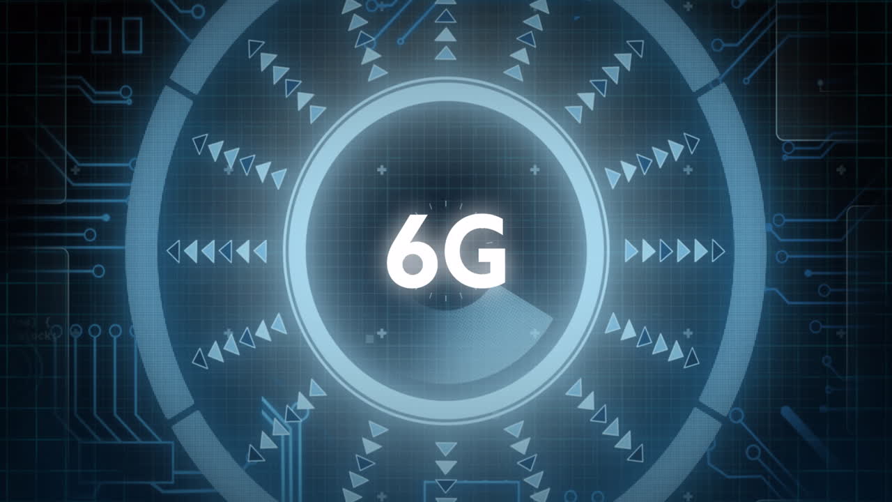 어두운 파란색 배경에 그리드 위의 화면에서 6g 텍스트, 데이터 처리 및 범위의 애니메이션