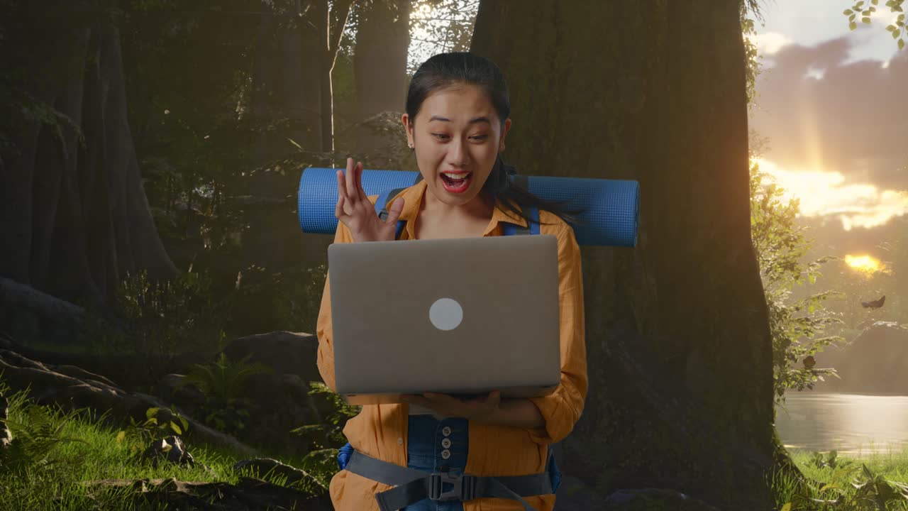 Woman using laptop in a forest at sunrise/sunset
