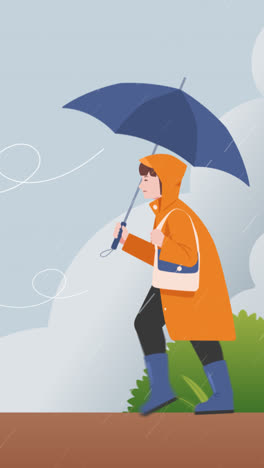 an animation of a flat monsoon season illustration with woman walking in the rain with umbrella