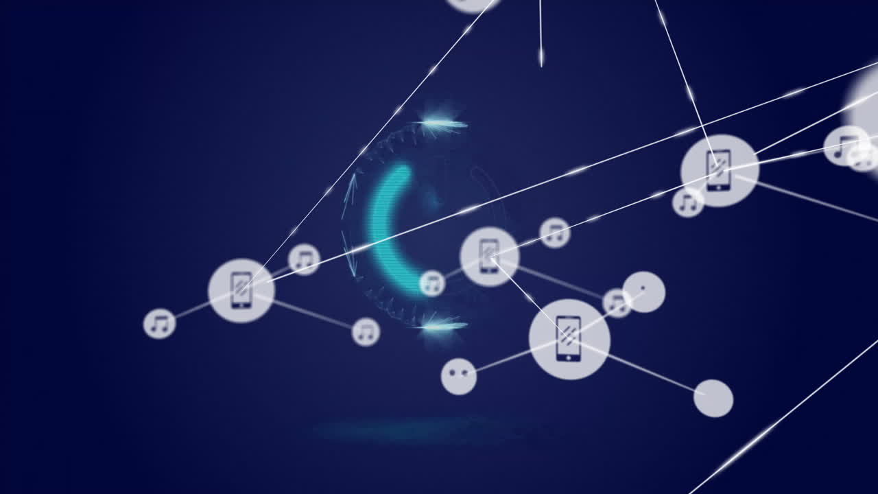 símbolo do botão de alimentação com dispositivos conectados animação sobre fundo azul escuro