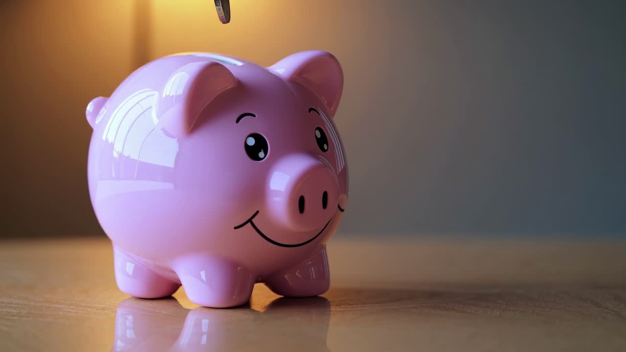 Close-up video of a pink piggy bank on a wooden table, shot from a low angle, capturing a coin