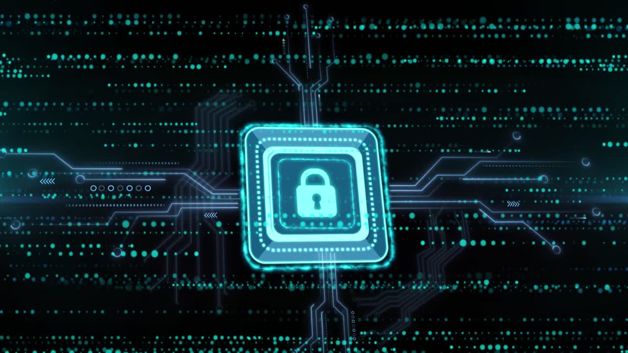 Animation of data processing and padlock over black background