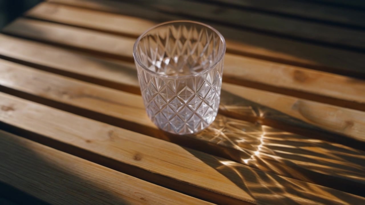 Bicchiere di cristallo vuoto che proietta giochi di luce su un tavolo di legno.