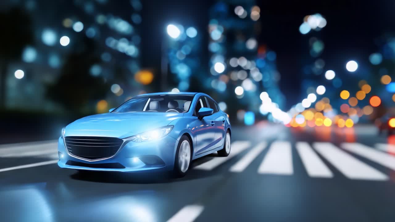 Guida notturna dinamica: uno sguardo a una berlina luminosa su una strada cittadina, avvolta dalle luci urbane e dalla vivacità in un'affascinante scena serale