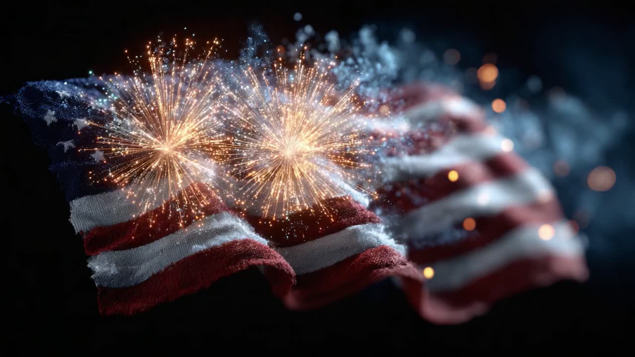 A Captivating Display of Fireworks Bursting Above an American Flag, Celebrating Freedom and Unity with Vibrant Colors Against a Dark Background