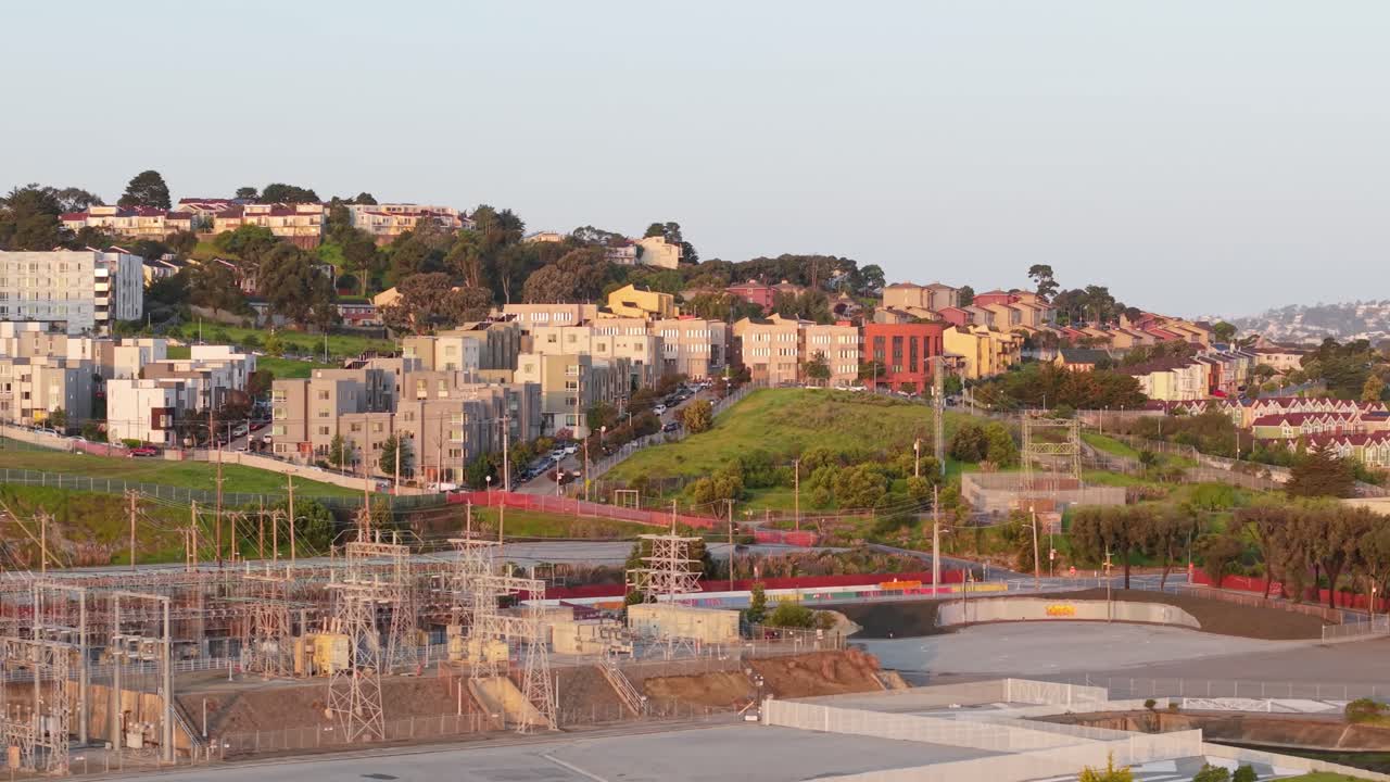 Aerial view of the homes and apartments along the India Basin neighborhood in San Francisco California.