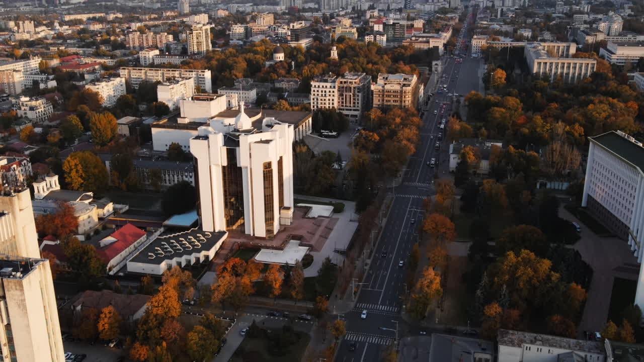 Aerial drone view on Chisinau city in autumn season. Presidency building. Moldova
