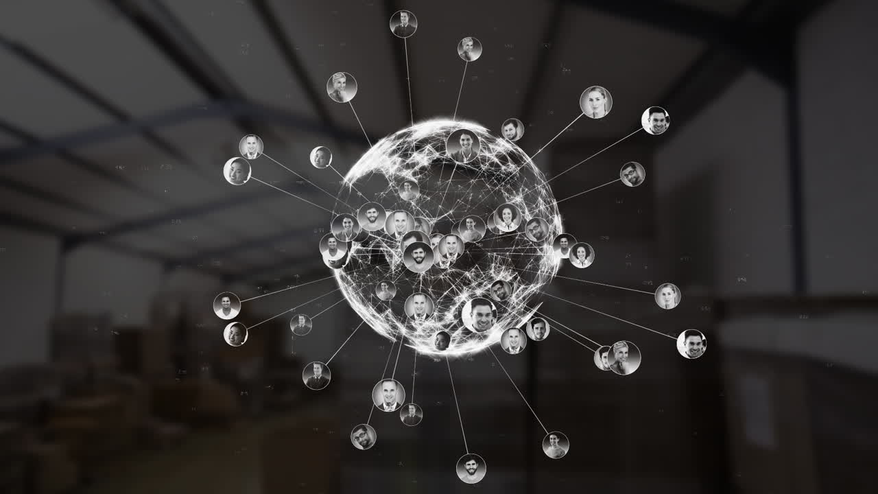 창고 위의 사람들의 사진과 연결된 지구의 애니메이션과 네트워크