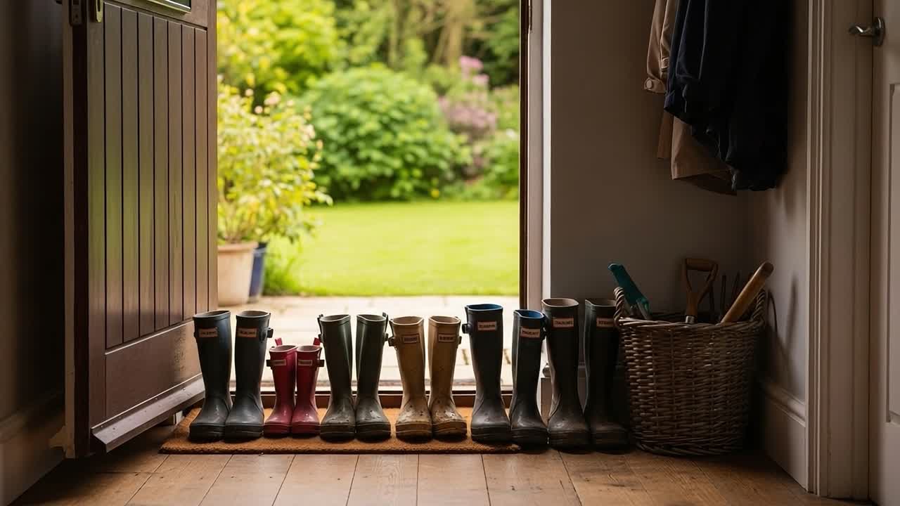 A Cozy Entrance: Colorful Wellies Line the Doorstep of a Charming Home, Inviting Garden Adventures Just Beyond the Open Door
