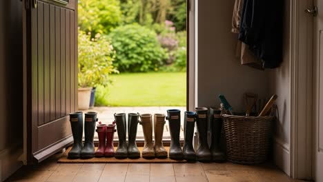 a cozy entrance: colorful wellies line the doorstep of a charming home, inviting garden adventures just beyond the open door