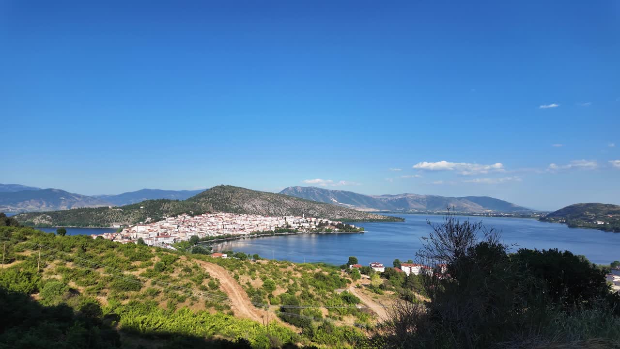 Kastoria city viewpoint Lake Orestiada nature landscape Greece Macedonia region clear blue sky