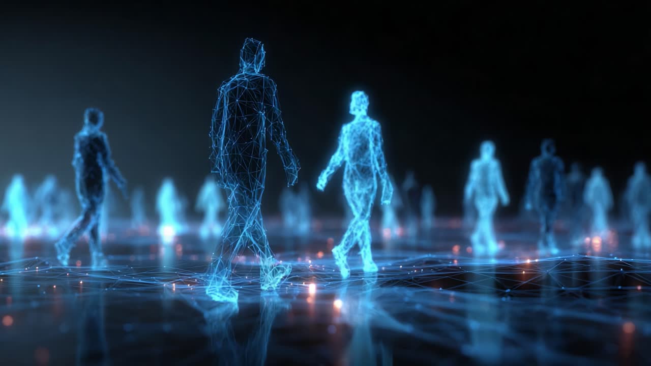 Exploration of Digital Connectivity: A Virtual World Where Human Figures Walk Amongst Glowing Networks of Light and Data, Representing the Intersection of Technology and Humanity