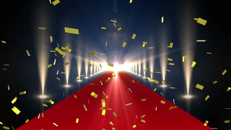 animation of gold confetti falling over red carpet venue with spotlights