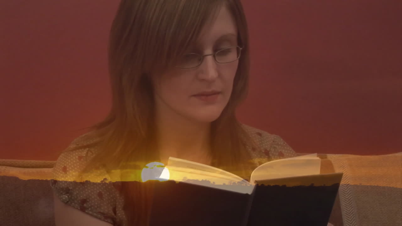 Reading book, woman with glasses over sunset animation