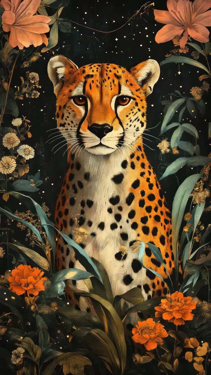 A majestic cheetah amidst vibrant flowers, captured in a frontal angle
