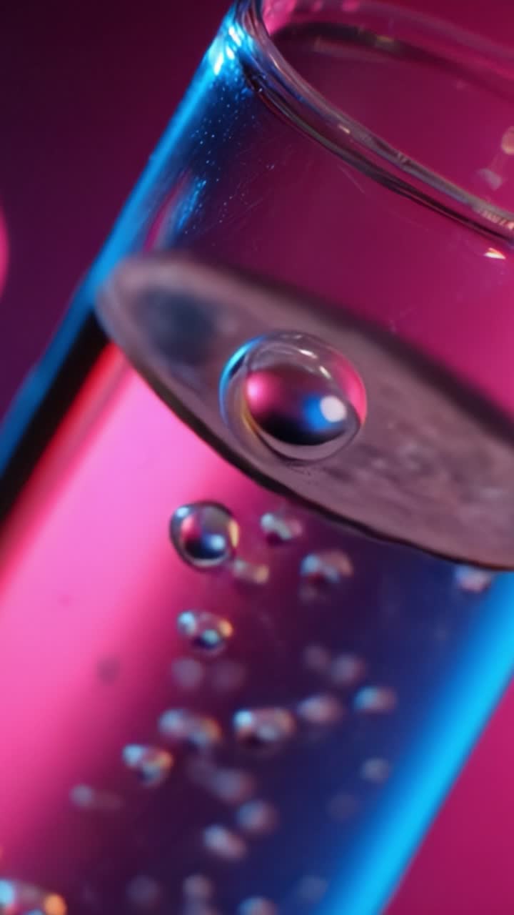 Bolle e Riflessi: Un primo piano artistico di un bicchiere pieno d'acqua frizzante su uno sfondo dai colori vivaci, che crea un'esperienza visiva dinamica.