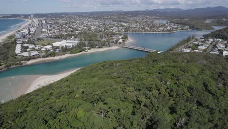 volar sobre la densa selva tropical del parque nacional burleigh head y el puente tallebudgera creek en gold coast, queensland, australia