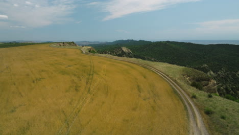 Camino-Idílico-Junto-Al-Acantilado,-Campo-De-Cultivo-En-La-Reserva-Natural-De-Vashlovani,-República-De-Georgia,-Antena