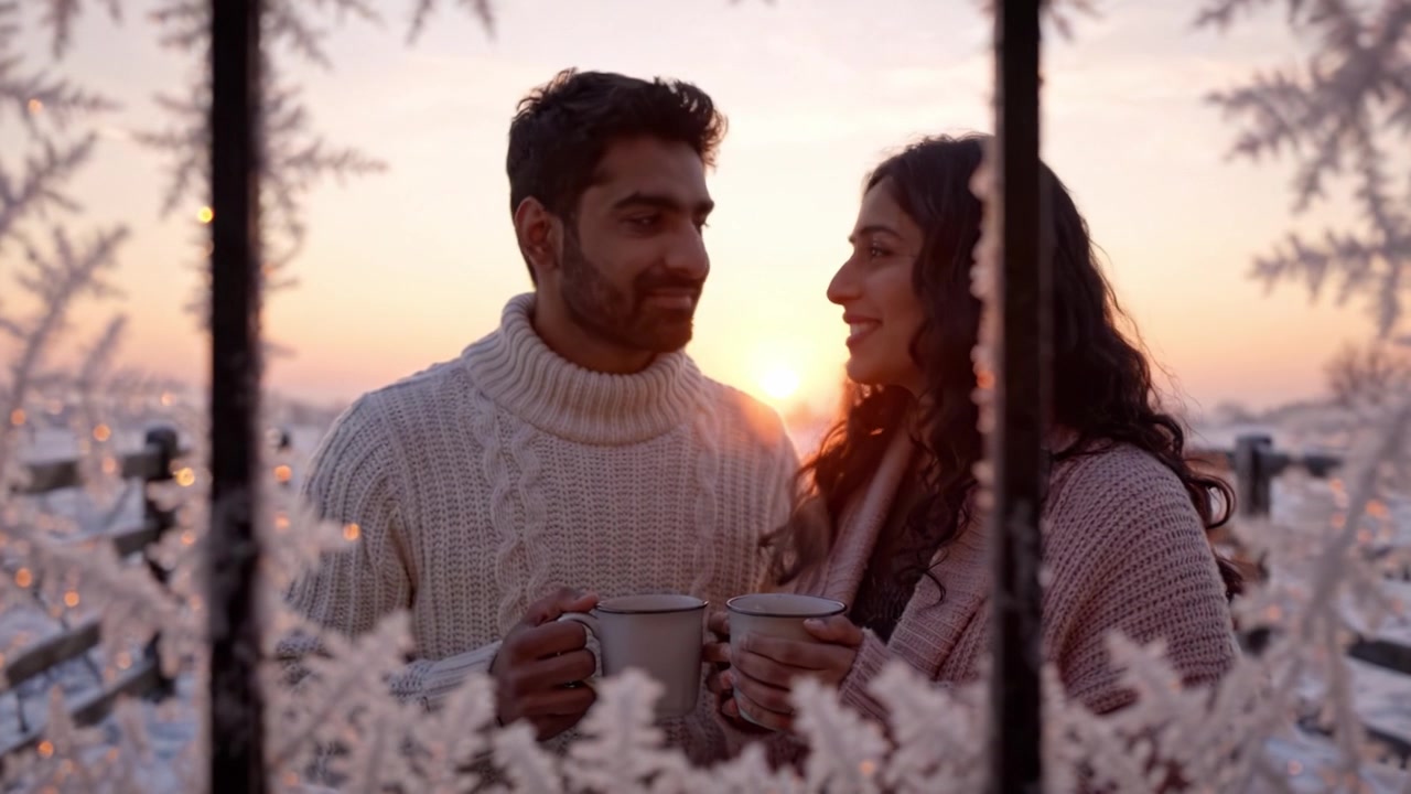 Un momento acogedor de invierno: Una pareja disfrutando de bebidas calientes, enmarcada por patrones de escarcha en una ventana al atardecer, evocando una sensación de unión y calidez.
