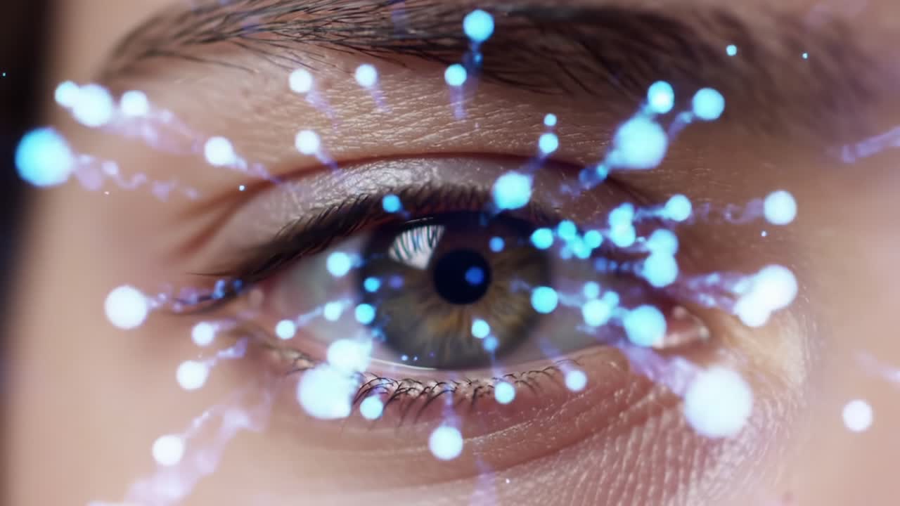 A Close-Up View of an Eye Surrounded by Glowing Particles, Symbolizing Insight and Perception Amidst a Modern Digital Aesthetic