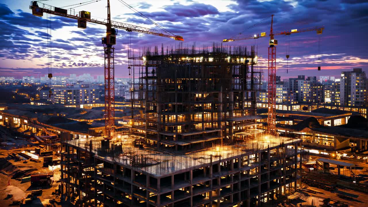 The video captures a construction site at sunset, highlighting cranes and a partially built