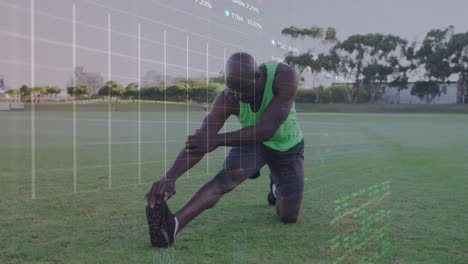estiramiento en el césped, atleta con animación de datos de fitness sobre el fondo del parque