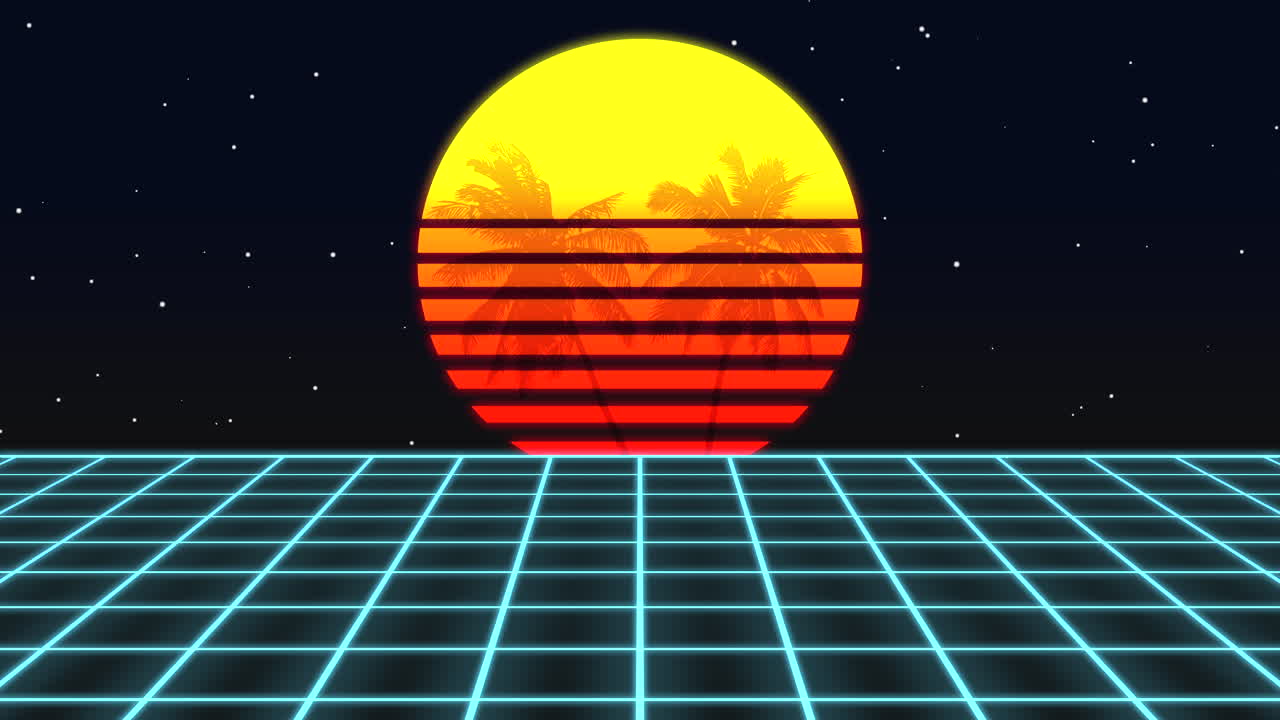 gran sol con palmeras de verano y red retro azul en la galaxia