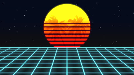 gran sol con palmeras de verano y red retro azul en la galaxia