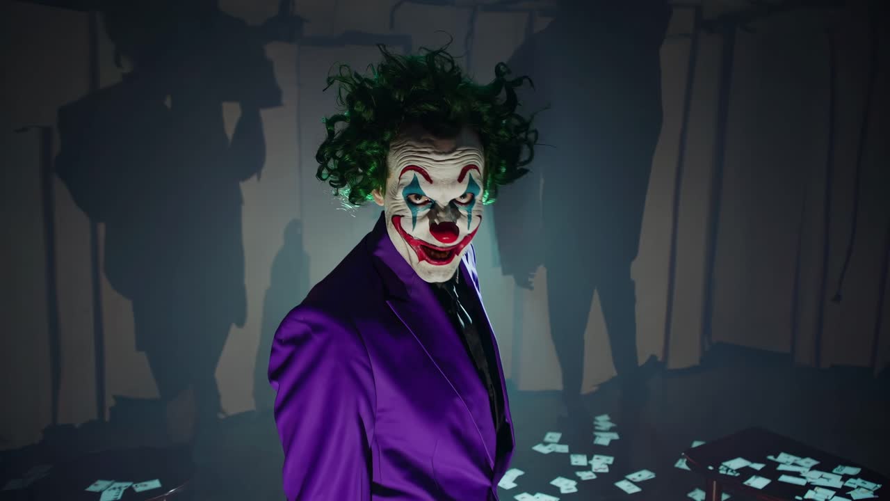 A dramatic, low-angle video shot of a clown in a dimly lit room, surrounded by scattered cards