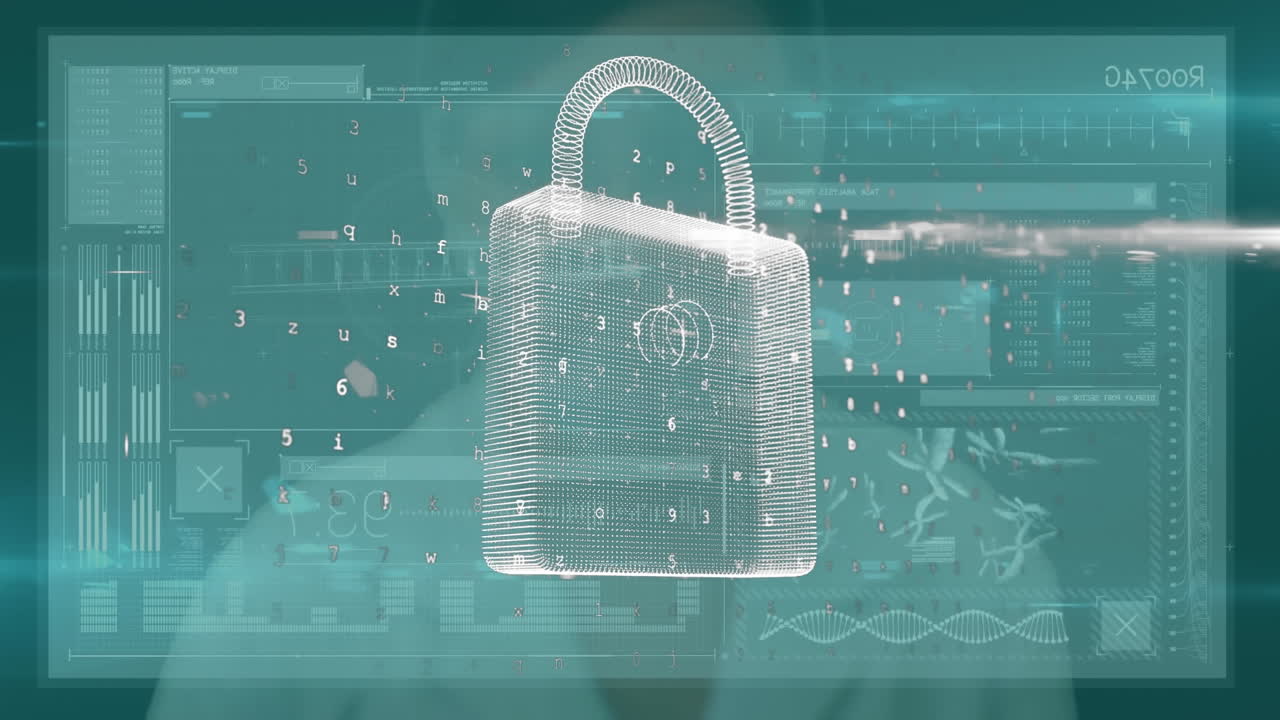 온라인 보안  ⁇ 락과 데이터 처리와 함께 사람의 터치 스크린의 애니메이션