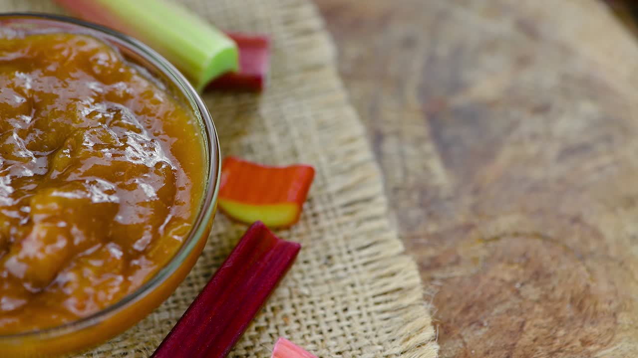 Homemade Rhubarb Jam on a rotating plate (seamless loopable)