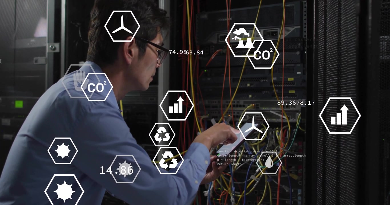IT tech plugging cables and swiping tablet adding floating eco metrics icons around server racks