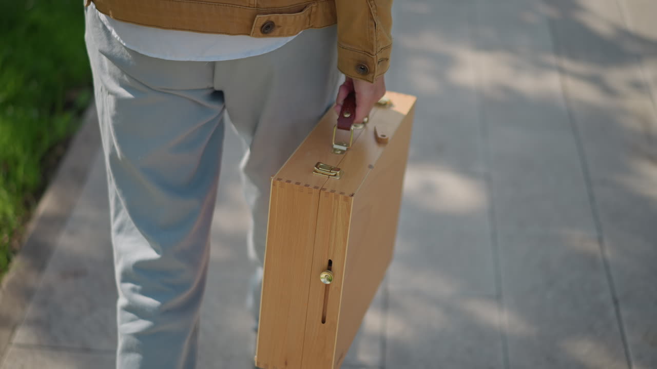 Un uomo cammina tenendo una custodia di legno per opere d'arte su un marciapiede soleggiato, indossa jeans e una giacca casual, il lucchetto in ottone luccica, motivi di ombre proiettate dagli alberi, un artista diretto a una sessione di schizzi all'aperto, atmosfera urbana intima