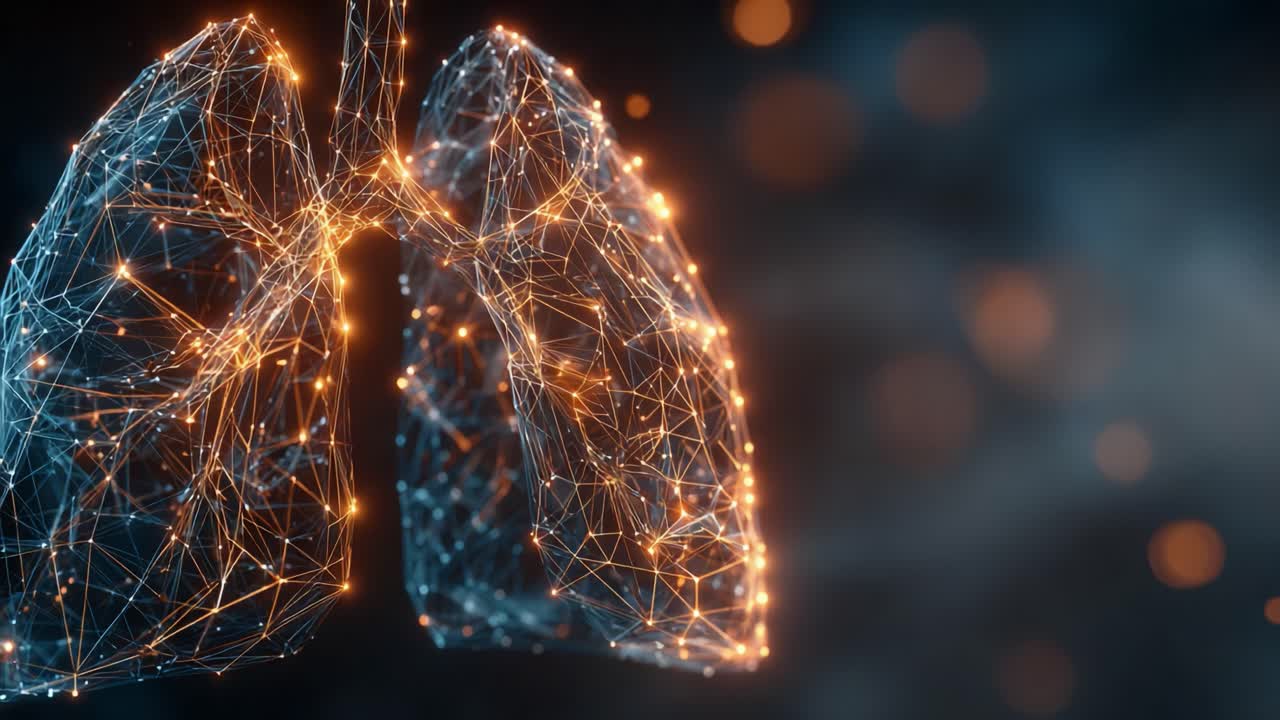 Una straordinaria immagine dei polmoni umani in una rete digitale di punti luminosi che evidenzia la complessità del sistema respiratorio in uno stile futuristico