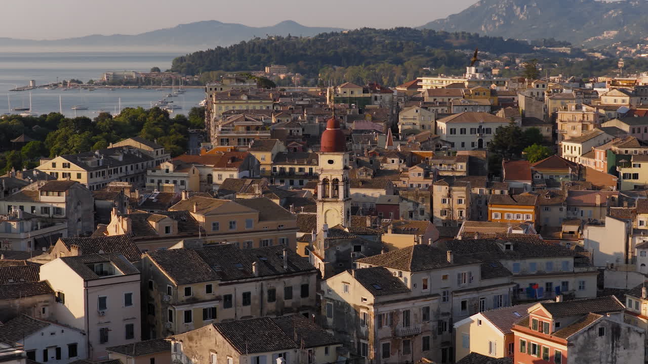 Slow panning drone shot of Saint Spyridon church in Corfu old town