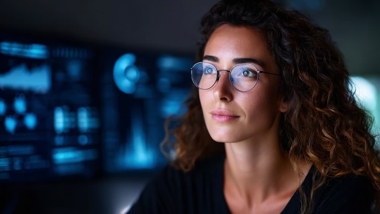 A focused young woman with curly hair and glasses gazes thoughtfully at data on multiple screens, surrounded by a modern tech environment filled with charts and analytics, embodying a sense of determination and curiosity
