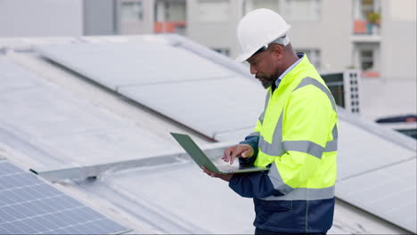 engineering, worker and laptop for solar panels